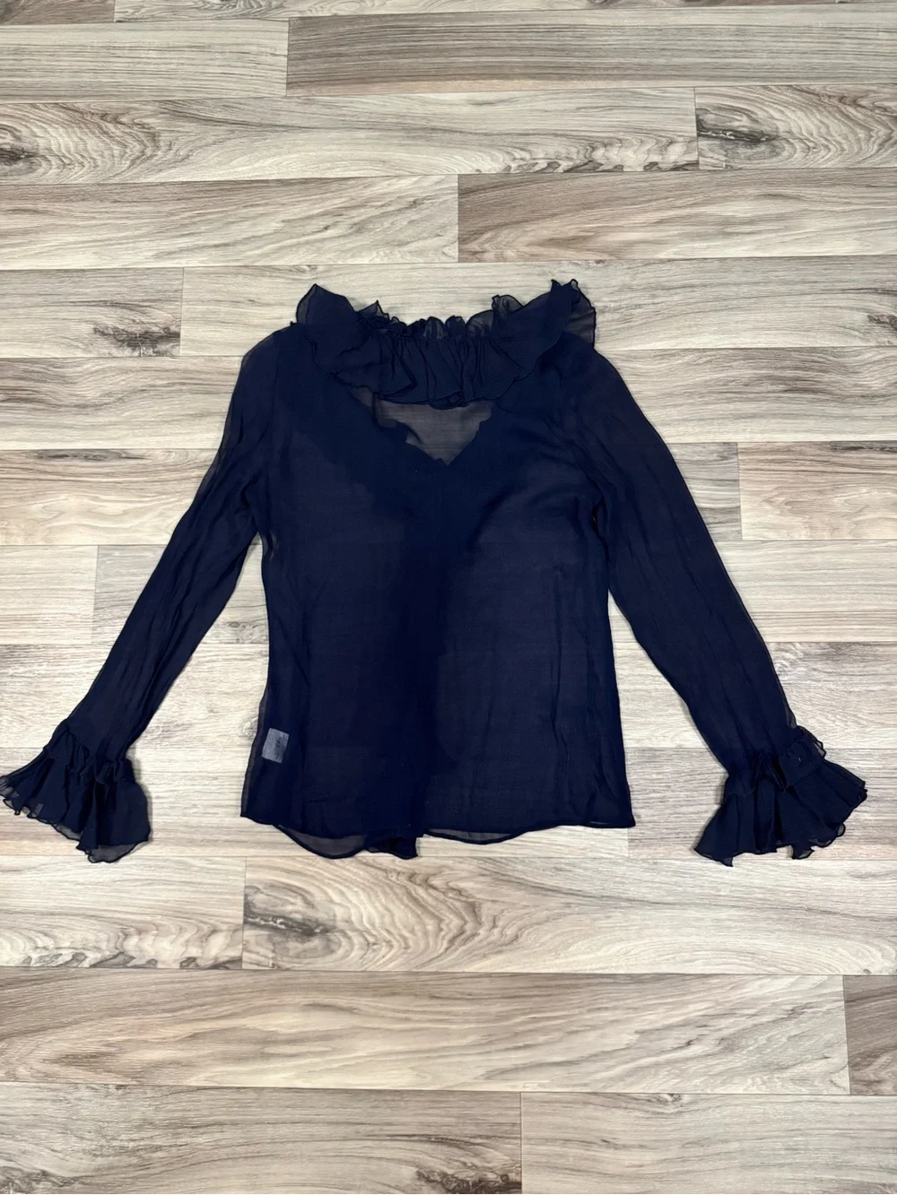 Tory Burch 100% Silk Sheer Ruffle-Trim Button Front Blouse in Navy Blue Size 8
